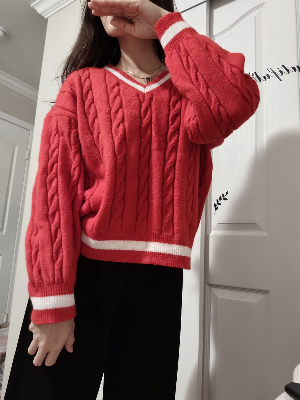 Red V-Neck Cable Knit Sweater with White Trim